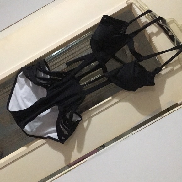 Strappy Black One Piece Halter Bathing Suit - Picture 2 of 6